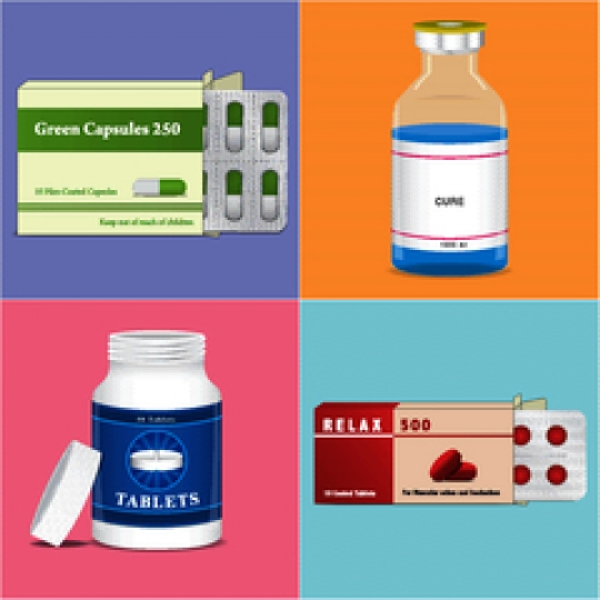 two packing for tablets with pill bottle and ampoule