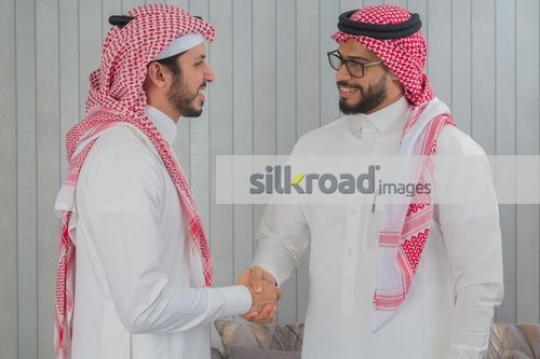 Middle Eastern colleagues shaking hands|