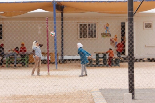 Two girls playing Volleyball from Zaatari refugee camp for Syrian refugees